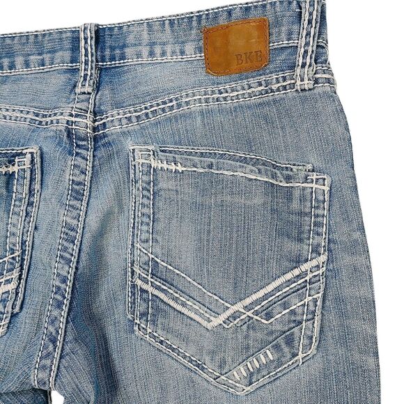 BKE Fulton Mens 31R Denim Blue Jeans Bootcut Medium Wash Thick Stitch Cowboy - Picture 10 of 16